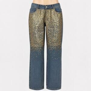 Chico's Platinum Sequin Embellished Straight Leg Jeans Women's Medium 10 Gold